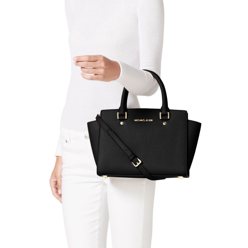 Michael Kors NS Selma Medium Top Zip Satchel Purse BLACK